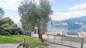 Un barrio residencial con un árbol, un sendero de piedra y vistas a un lago con montañas al fondo.