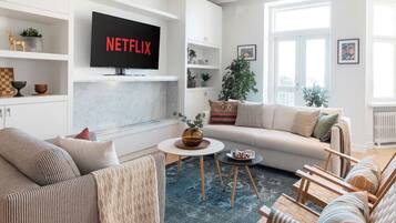 TV, fireplace, books