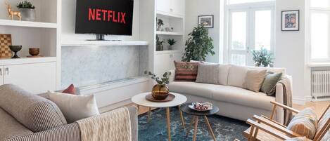 Smart TV, fireplace, books