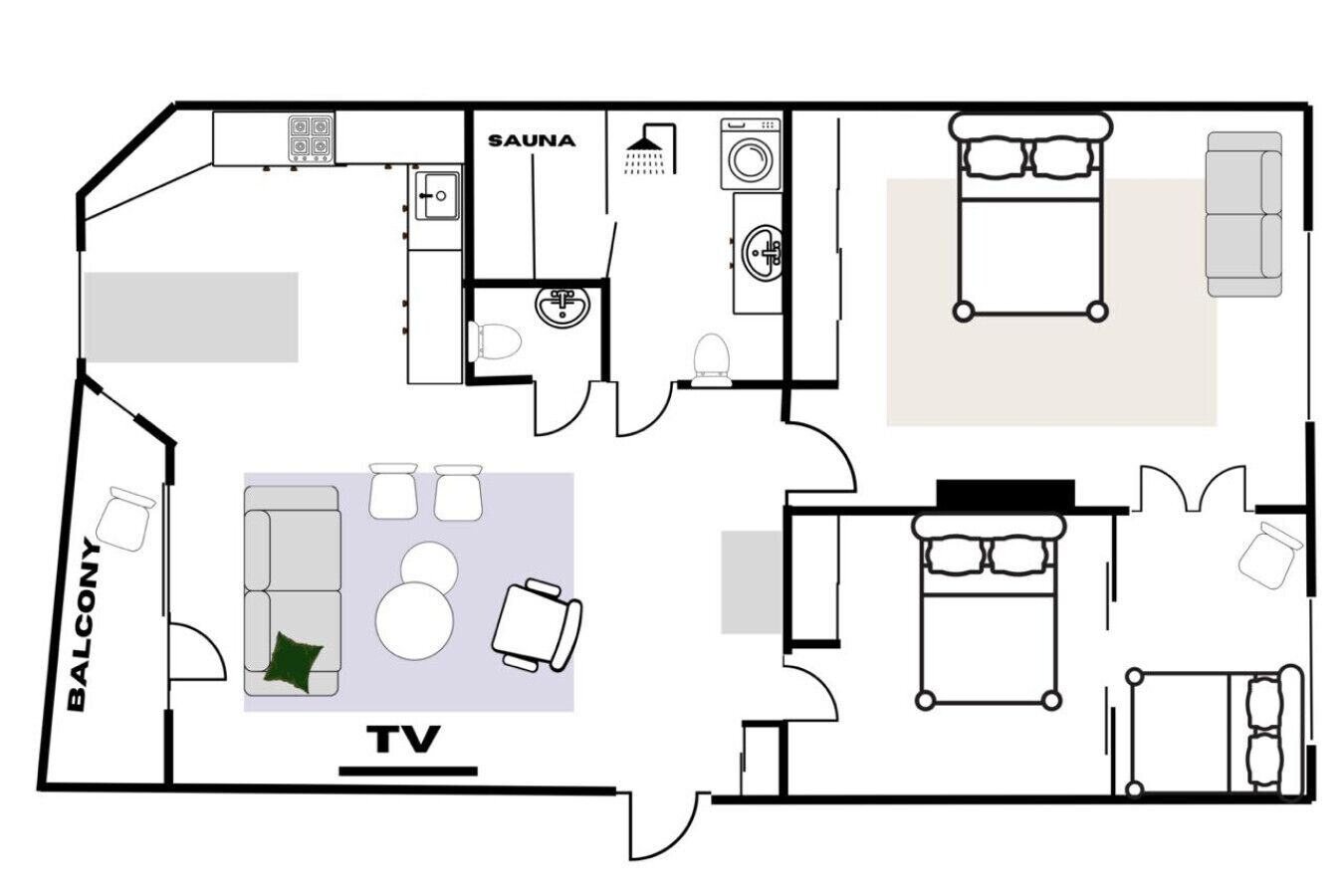 Distribución de una habitación de hotel con televisión, balcón, sauna y cama.