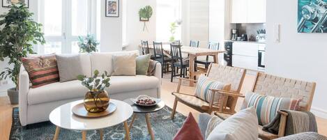 Smart TV, fireplace, books