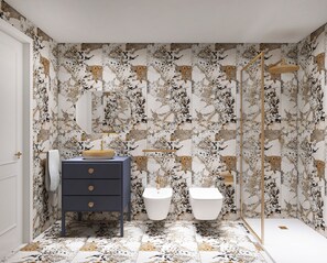 Suite | Bathroom | Shower, hair dryer, slippers, towels