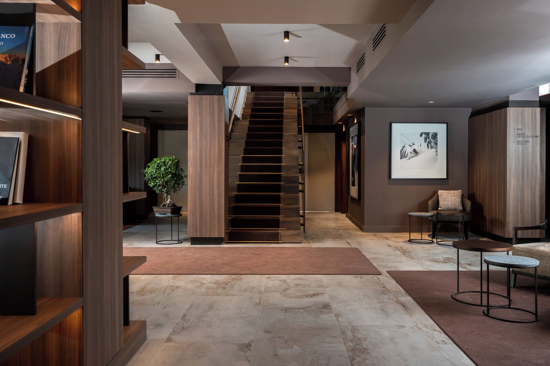 A modern interior with a staircase, bookshelves, a potted plant, and a framed picture on the wall.