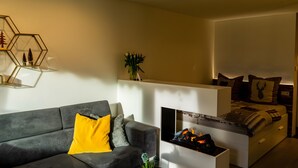 A modern living room with a sofa, a fireplace, a bed, and a wall-mounted shelf. - Apartment 'Mellies' with Private Terrace, Garden and Wi-Fi (Willingen (Upland))