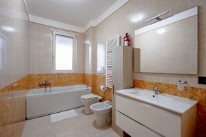Shower, hair dryer, towels