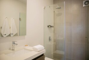 Douche, sèche-cheveux, serviettes fournies, shampoing