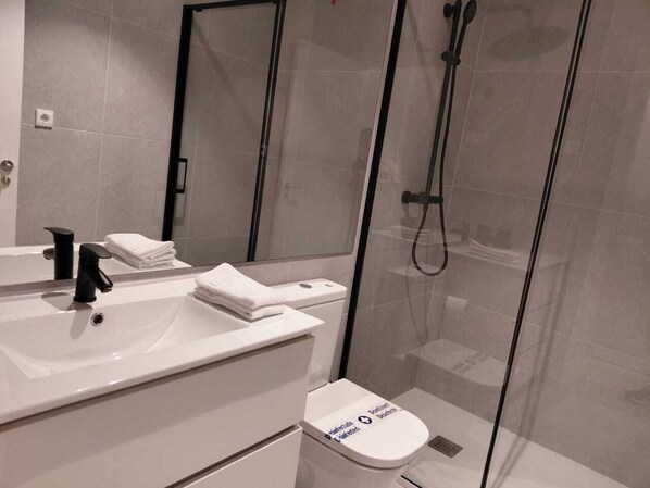 Regadera, secadora de cabello, bidet, toallas