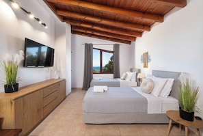 Un dormitorio con dos camas, televisión, techo de madera y vistas al exterior.