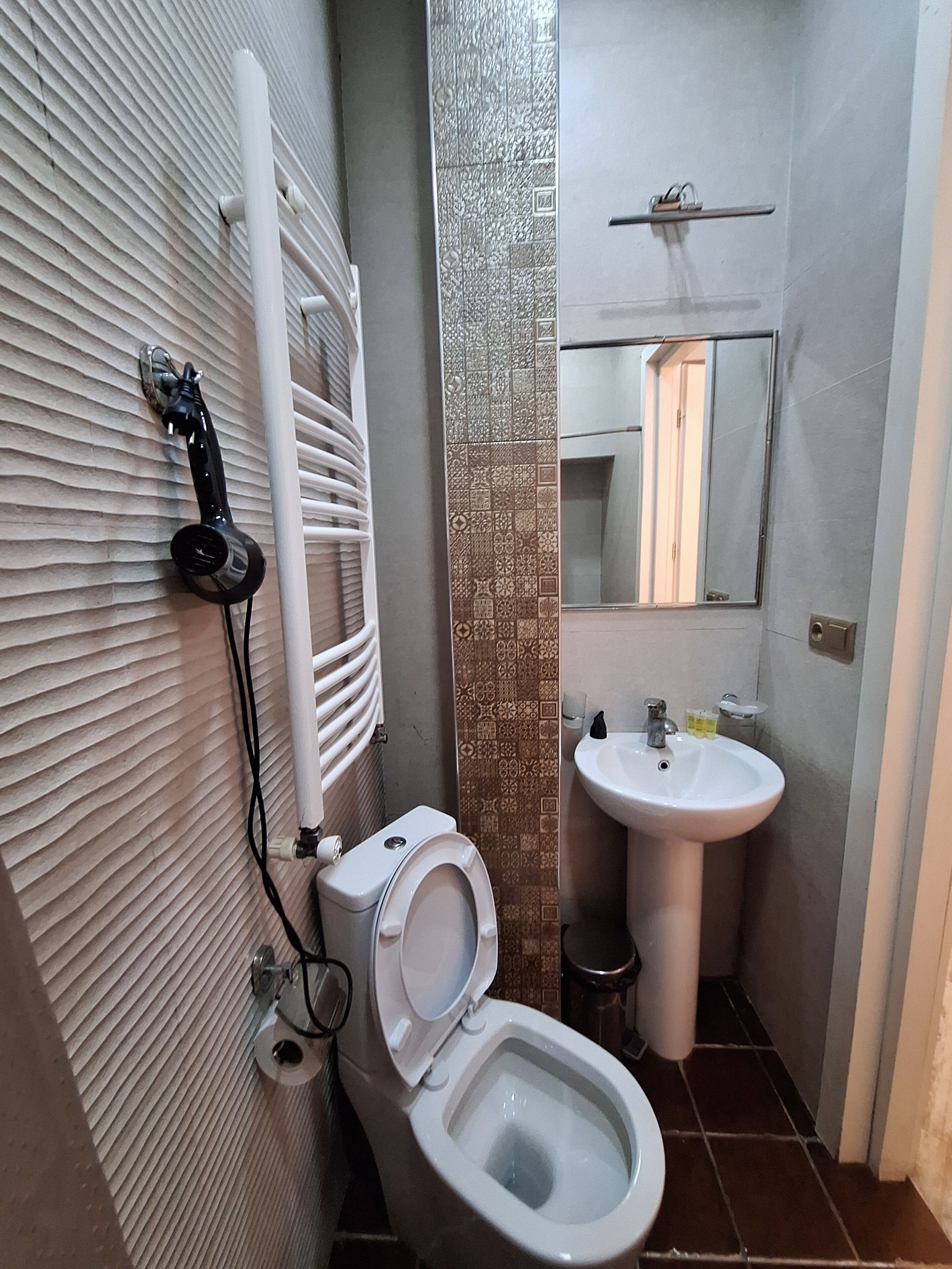 A bathroom with a toilet, sink, and a mirror.