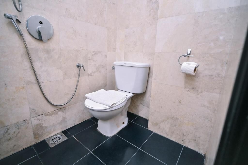Un baño con inodoro, ducha y soporte para papel higiénico.
