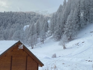 A wooden cabin with a sloped roof, surrounded by snow-covered trees and a mountainous backdrop.