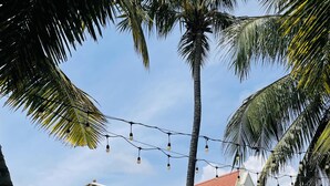 Un área de piscina con sillones de playa, sombrillas y luces colgantes.