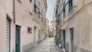 A narrow street with buildings on either side, a green door, and a potted plant. - Apartment 'Bedliving Nel Blu' with Sea View, Wi-Fi and Air Conditioning (Genova)