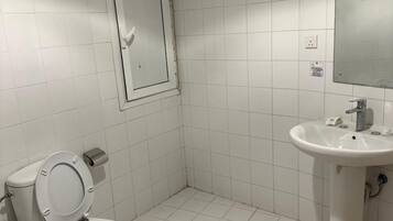 Combined shower/tub, towels, soap, shampoo