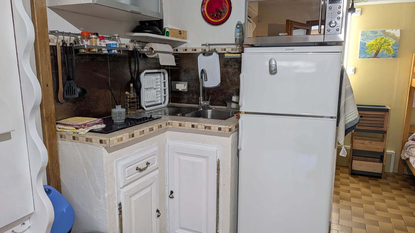 Una cocina compacta con refrigerador, tostadora y pileta.