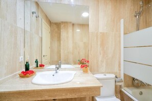 Shower, hair dryer, bidet, towels
