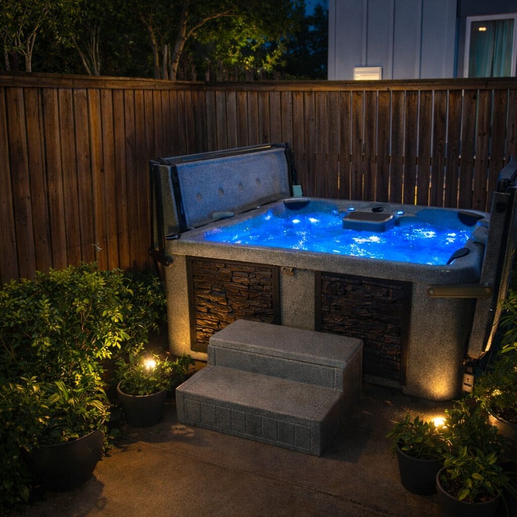 A hot tub with a stone exterior and a wooden fence in the background.