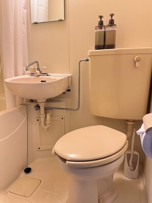 Een haardroger, handdoeken, zeep, toiletpapier