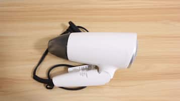 Hair dryer, towels, soap, toilet paper