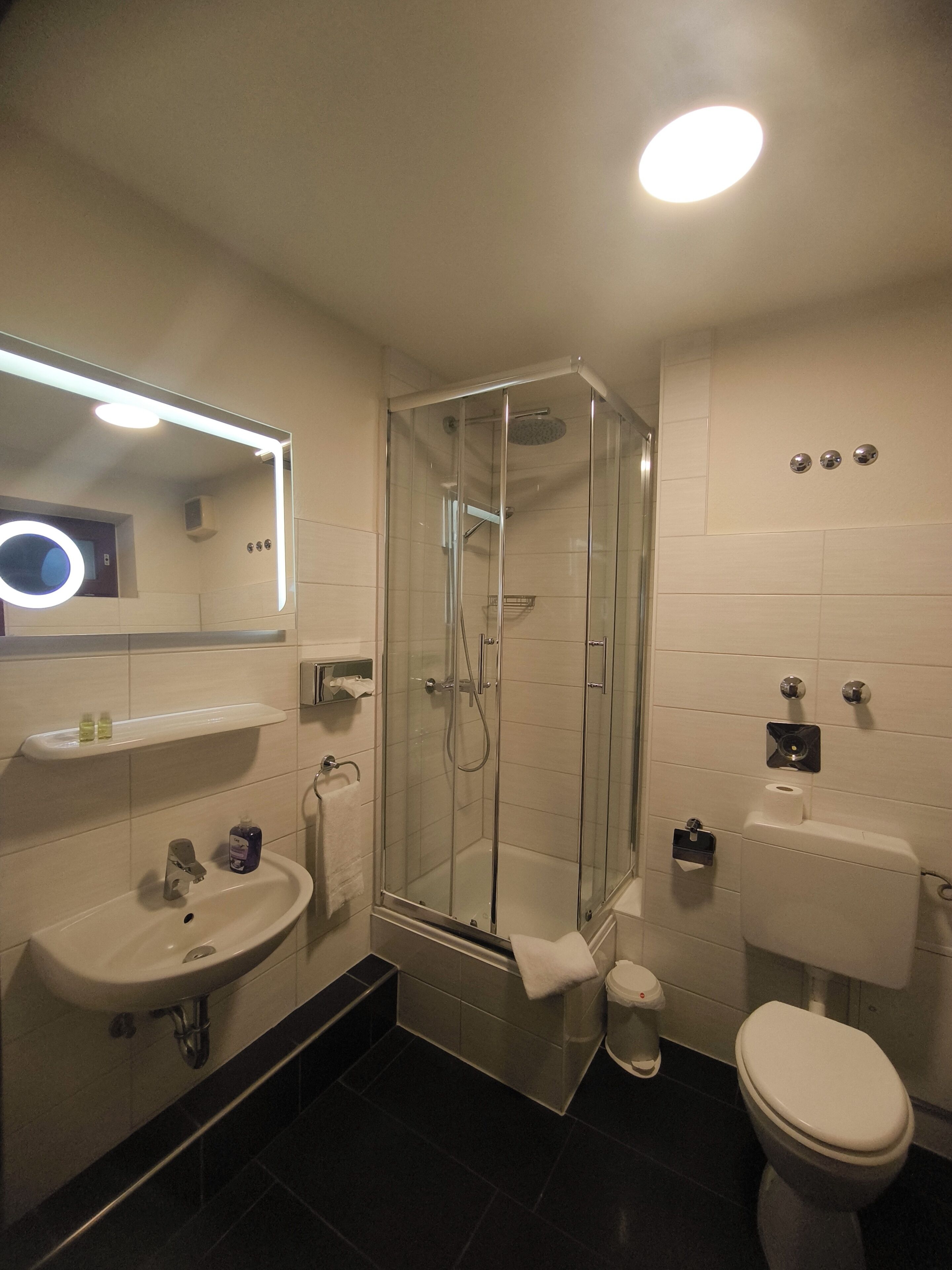 Dusj, hårføner, håndklær og toalettpapir