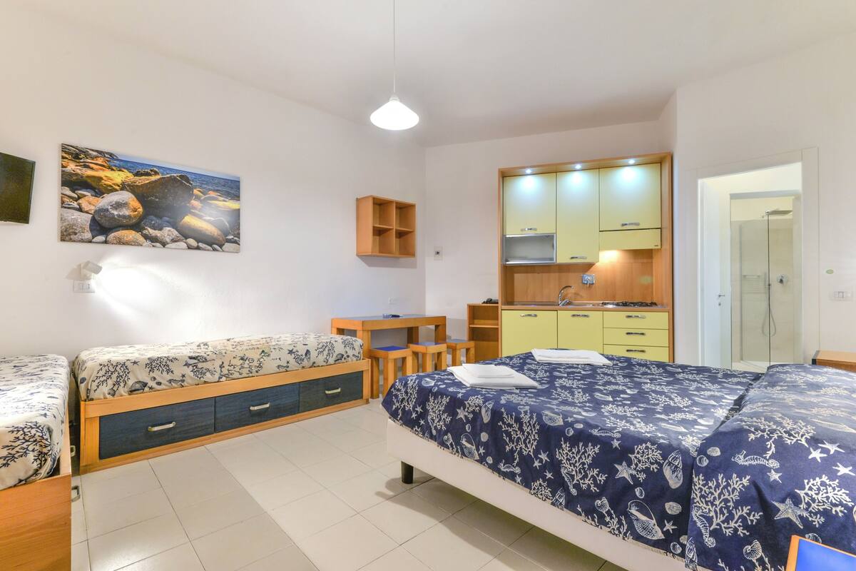 A bedroom with two beds, a desk, a small kitchenette, and a bathroom.