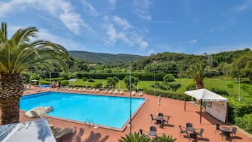 Seasonal outdoor pool, pool umbrellas, sun loungers