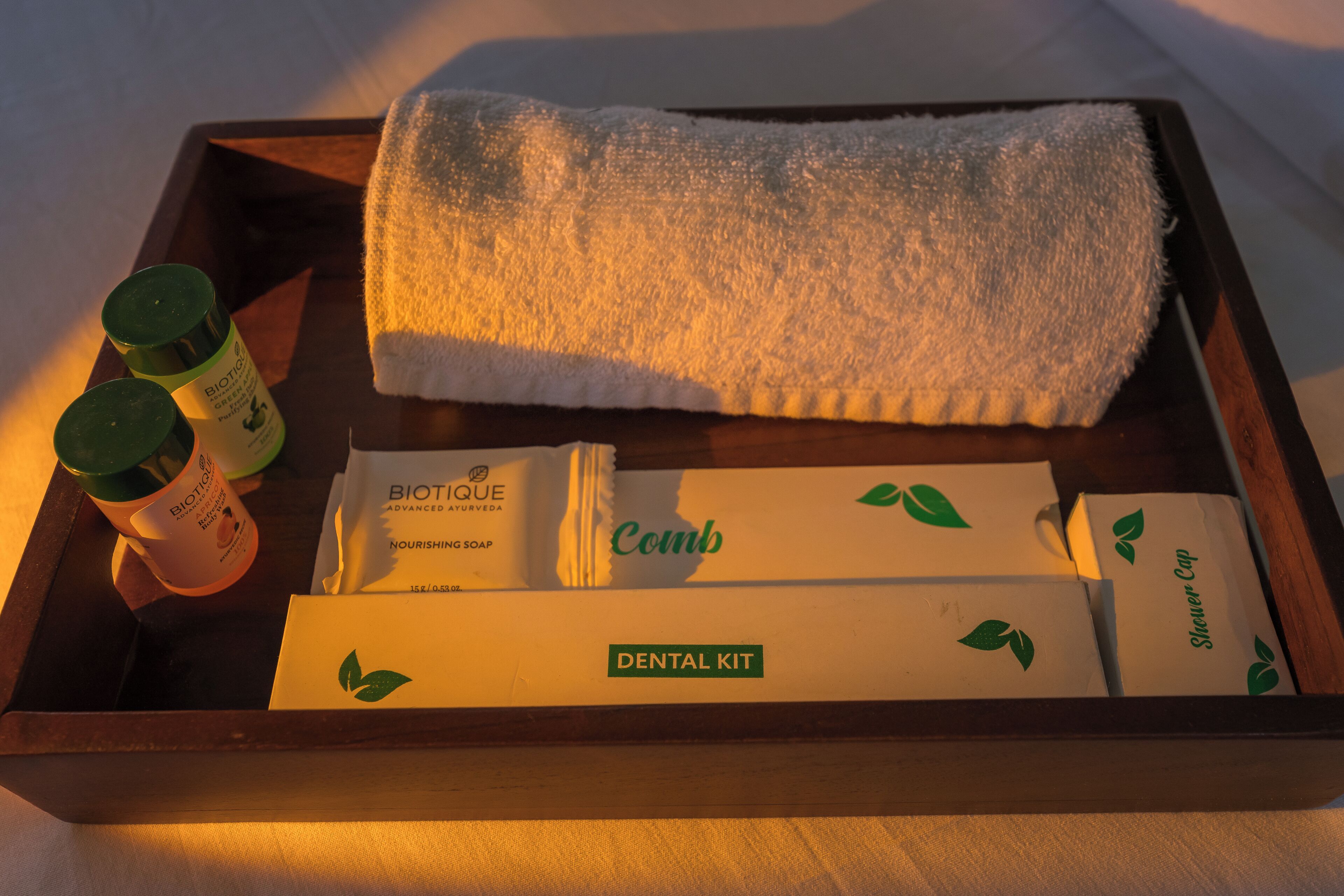 Ein hölzernes Tablett mit einem Handtuch, einer Flasche Biotique Advanced Ayurveda Nourishing Soap, einer Flasche Biotique Advanced Ayurveda Refreshing Body Wash, einem Kamm und einem Dentalset.