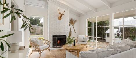 Televisión, chimenea, libros