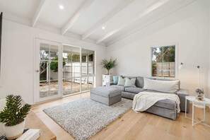 TV, fireplace, books