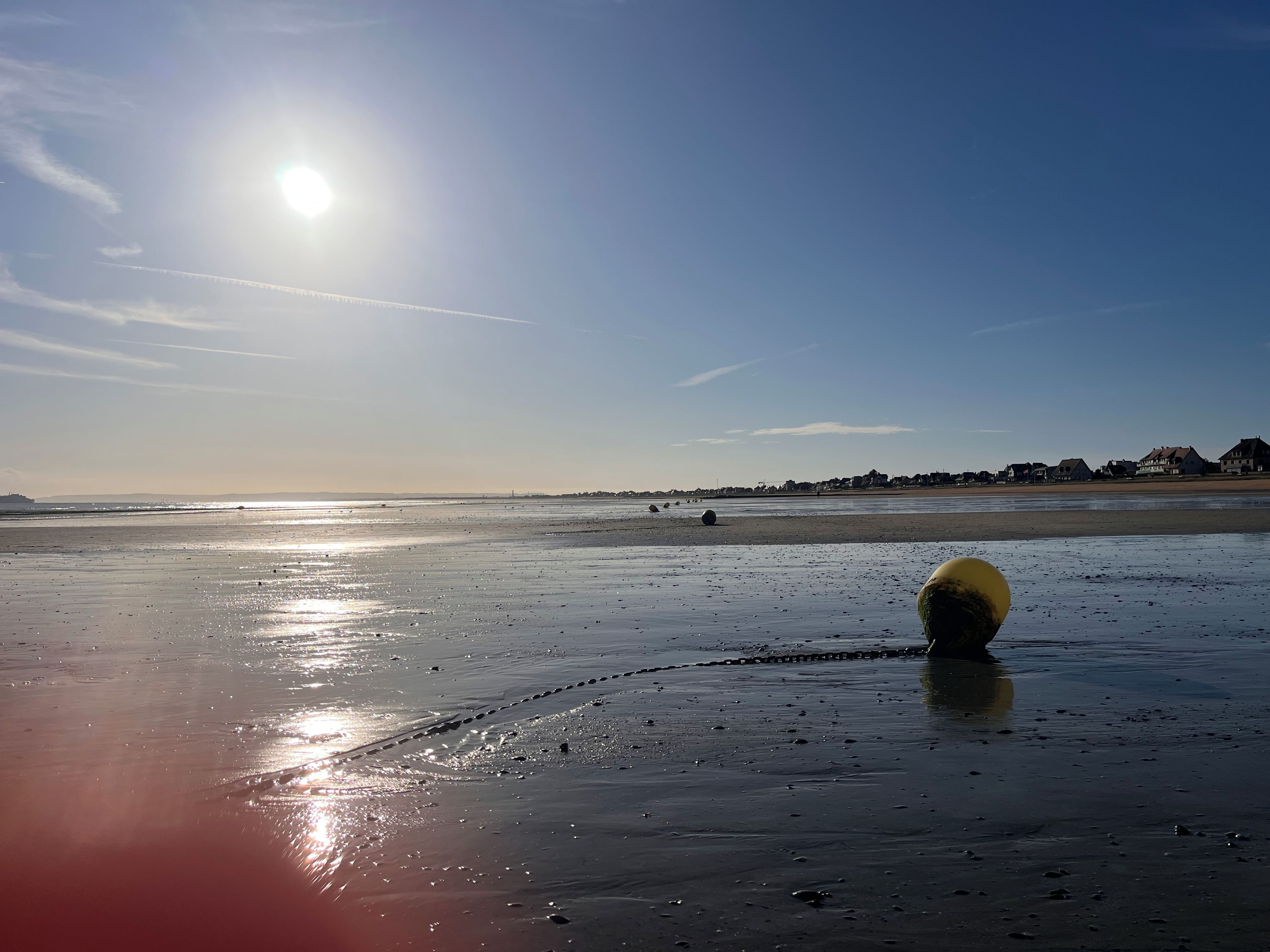 Ein Strand mit klarem Himmel und der Sonne, die sich im feuchten Sand spiegelt.