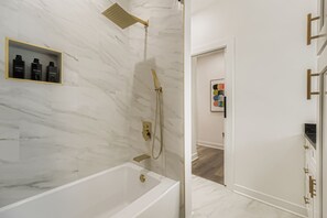 Shower, hair dryer, shampoo