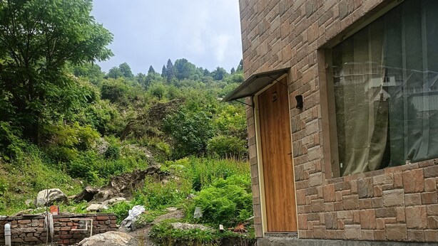 A pool area with a stone wall, a wooden door, and a view of a hillside with trees.