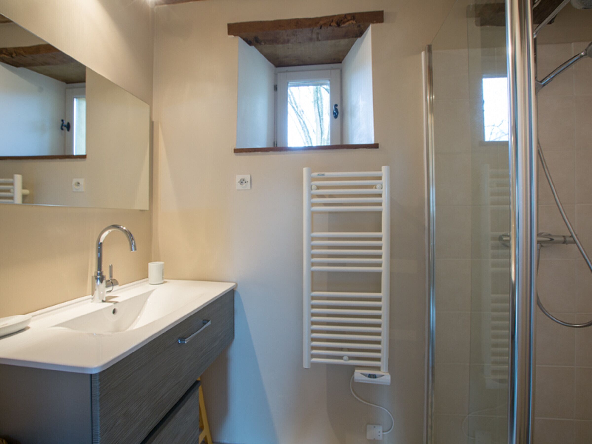 Baño con lavamanos, espejo, toallero y ducha.