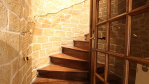 A stone staircase leading to a wooden door with glass panels.