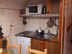 A compact kitchen with a microwave, a dishwasher, and a sink. - Cozy studio for 2 in Samoëns (Samoëns)