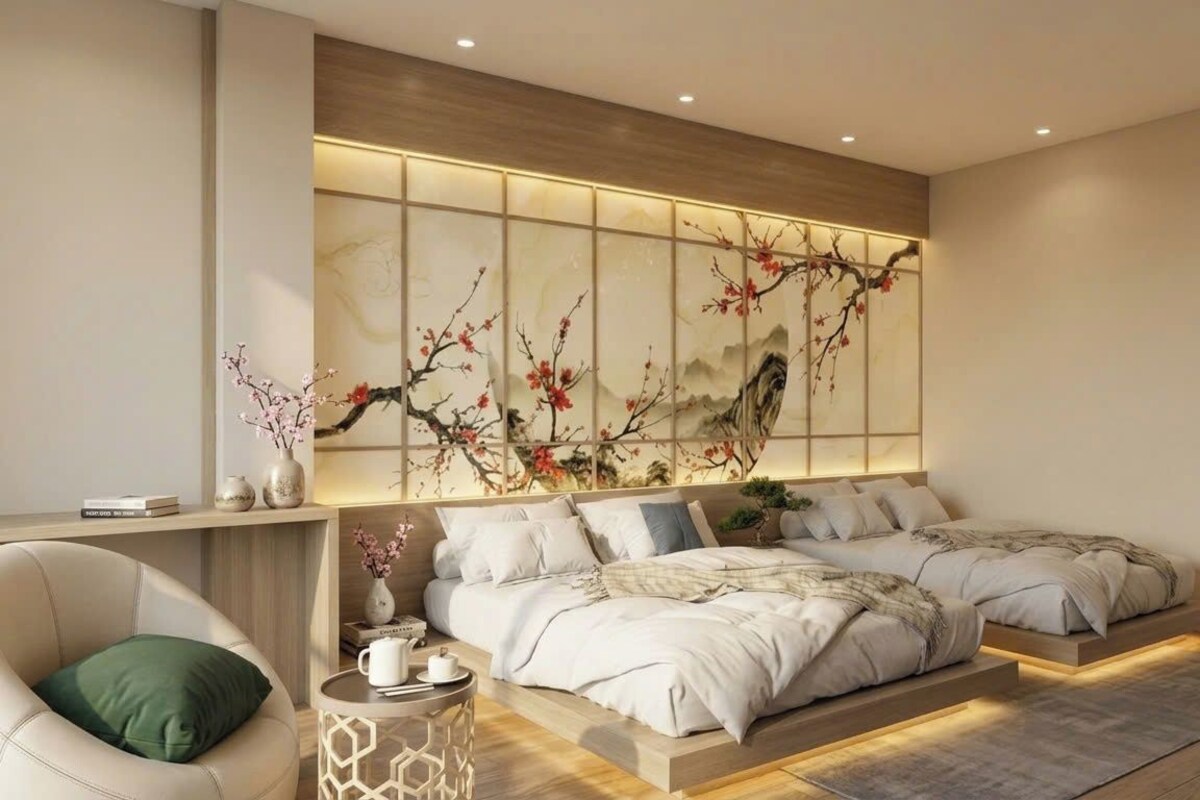 Un dormitorio moderno con una cama grande, una mesita de noche y un panel decorativo en la pared.