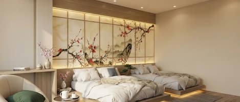 A modern bedroom with a large bed, a side table, and a decorative wall panel.