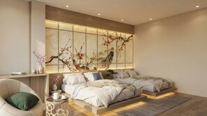 A modern bedroom with a large bed, a side table, and a decorative wall panel. - Paon Boutique Hotel (Hanoi)
