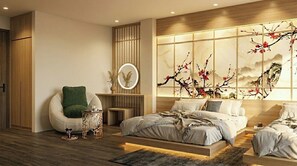 Un dormitorio moderno con una cama grande, una zona de estar y una pared decorativa.
