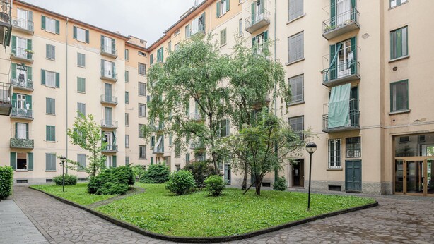 Une cour intérieure avec un arbre au centre, entourée de verdure, un chemin pavé et des immeubles à plusieurs étages dotés de balcons et de fenêtres.