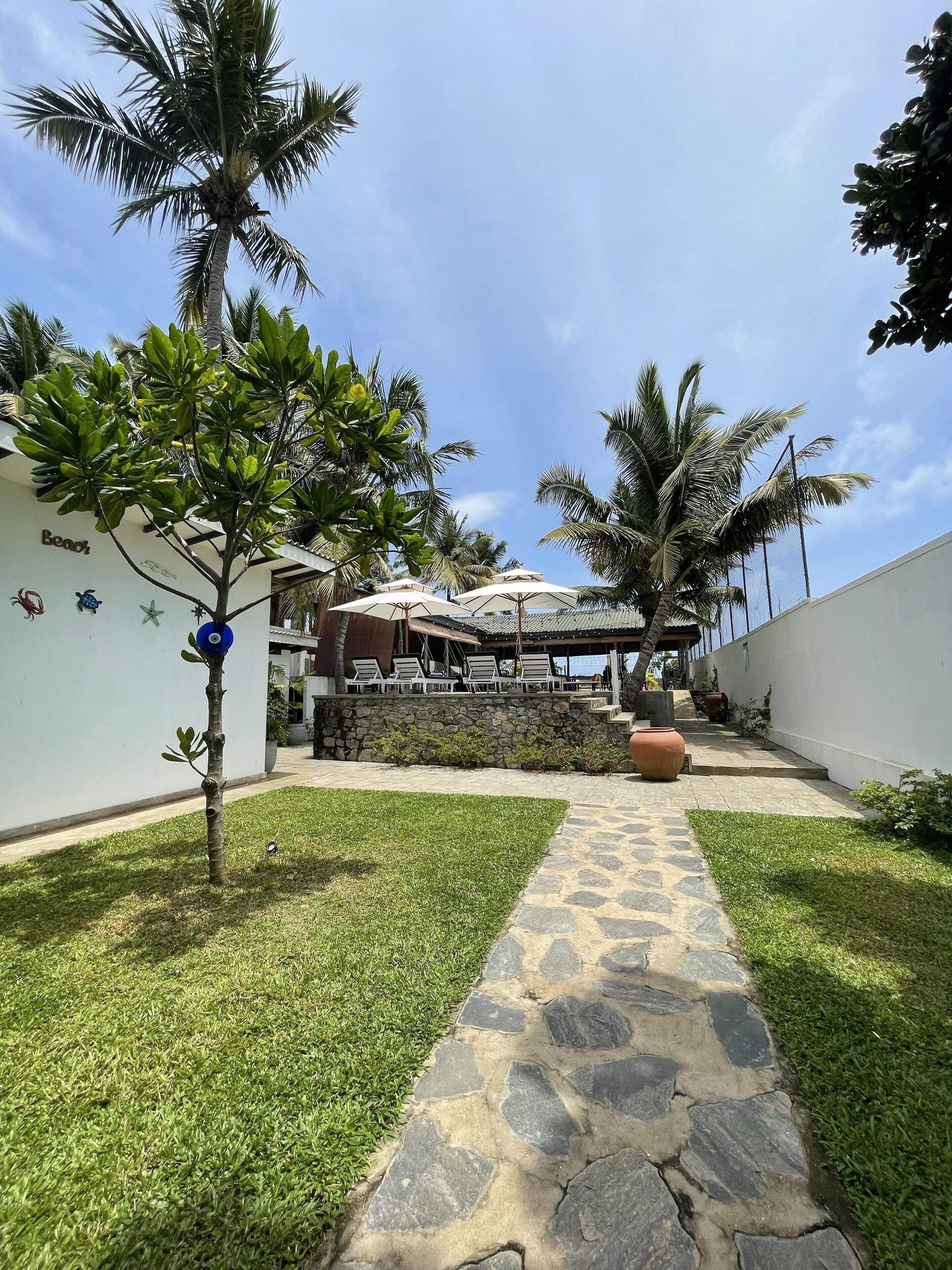 A courtyard with a stone pathway, palm trees, and a building with outdoor seating.