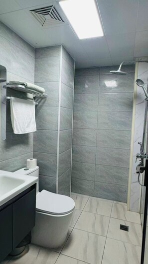 Dusche, Haartrockner, Handtücher, Seife