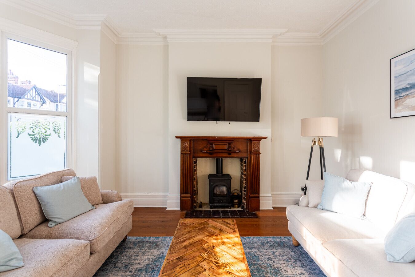 TV, fireplace, books