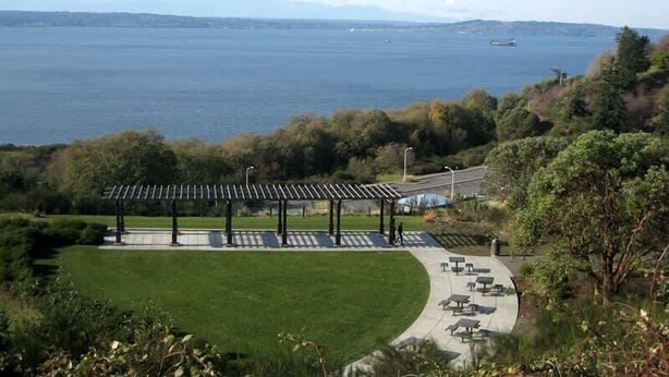 A park with a gazebo, picnic tables, and a view of the sea. - Vintage Charm 3BR Home w,Yard, Pets Welcome (Shoreline)