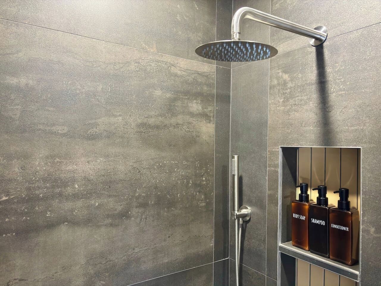 Hair dryer, towels, soap, shampoo