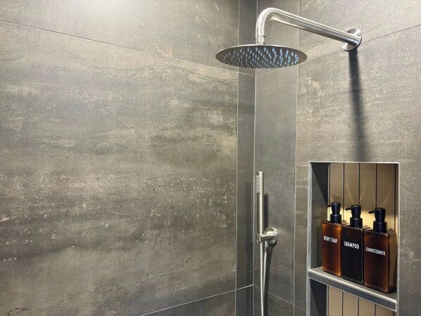 Hair dryer, towels, soap, shampoo