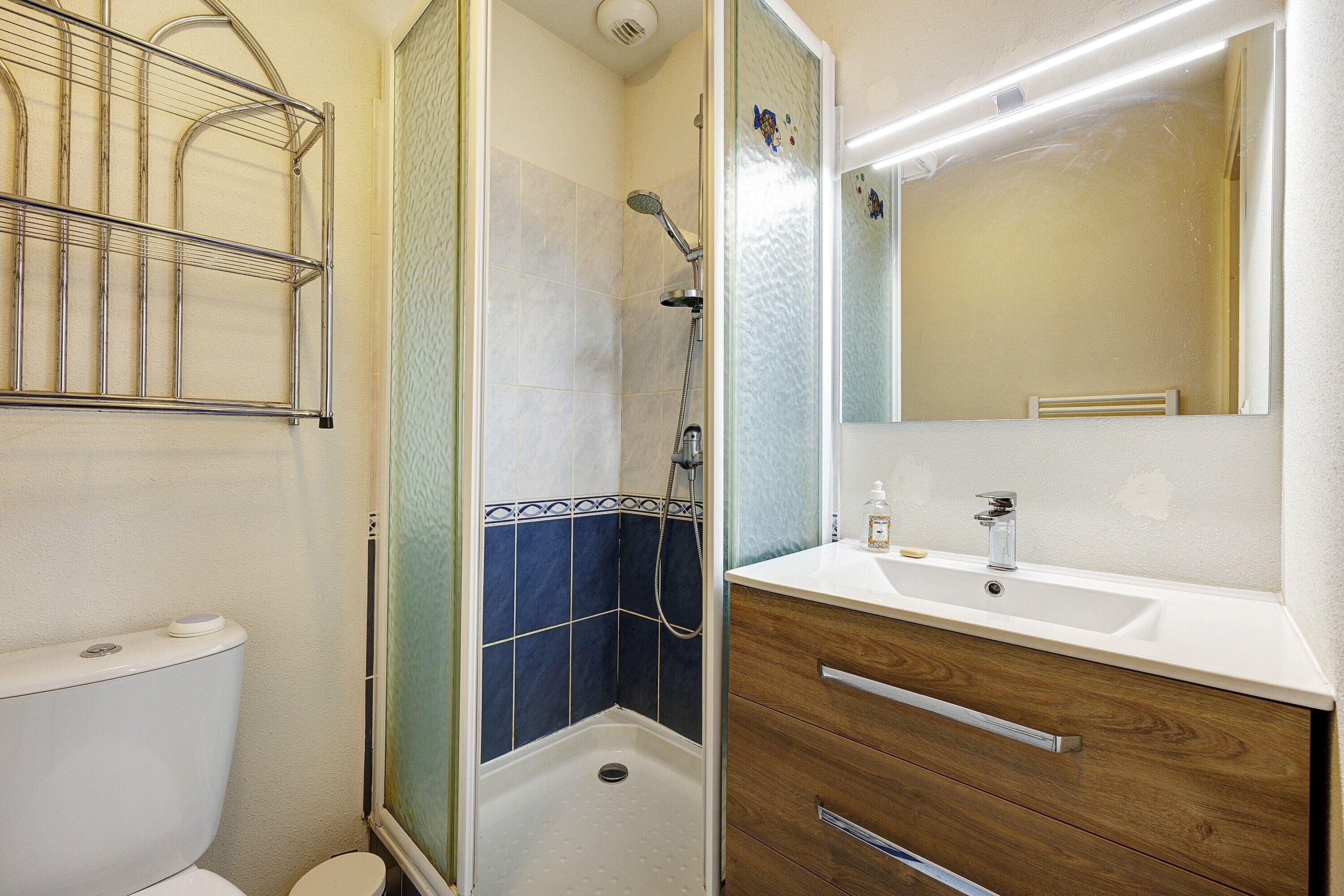 A bathroom with a shower, toilet, and vanity with a mirror.