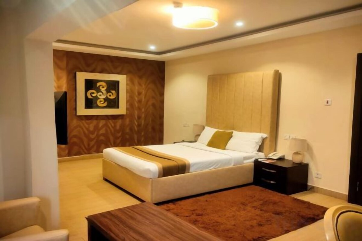 A modern bedroom with a large bed, bedside tables, a wooden headboard, and a brown rug.