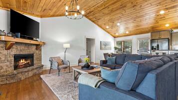 TV, fireplace, books, stereo