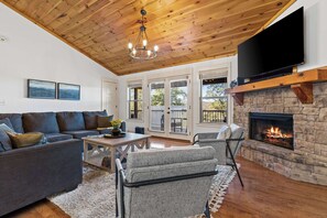 Télévision, cheminée, livres, chaîne hi-fi